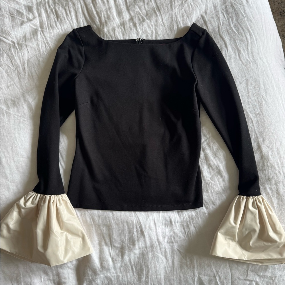 STAUD Black Top with Cream Bell Sleeves